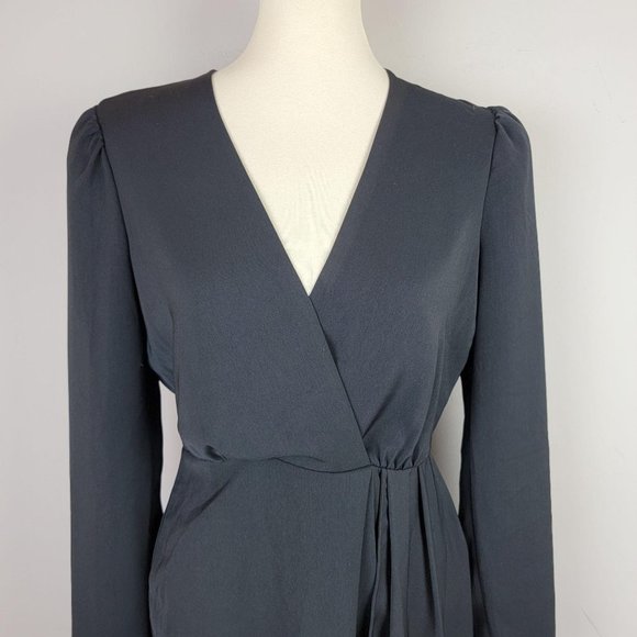 WAYF Black Drape Puff Long Sleeves V-Neck Dress M - Picture 4 of 11